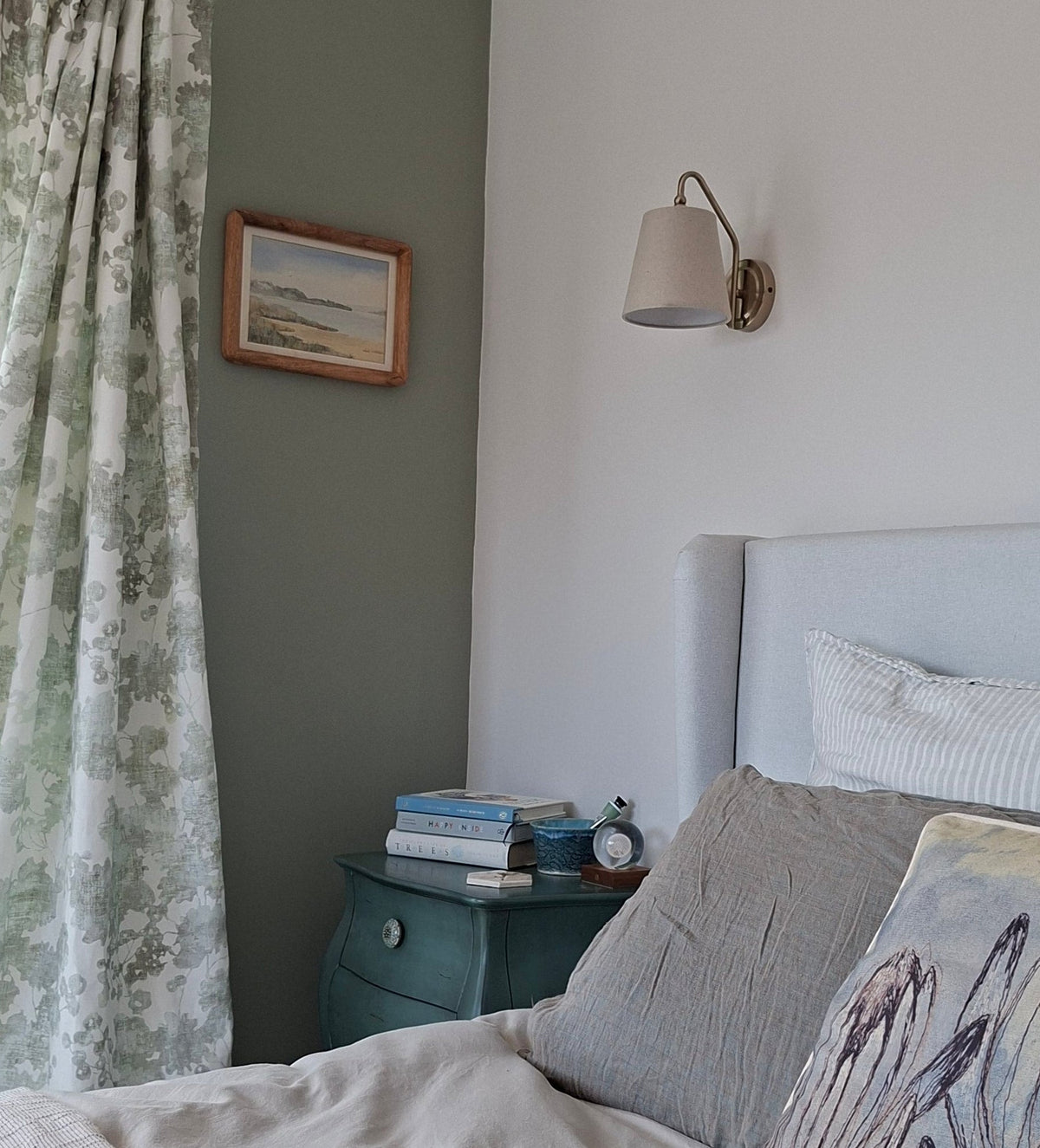 Romo eucalyptus, devon coast, farrow and ball pigeon, linen, secret linen store, MADE bedside tables, 